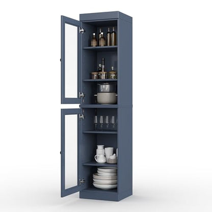 Solid Wood Kitchen Pantry Cabinet w/Glass Doors - Narrow Storage Cabinet - 16.5" Wide x 71.5" Tall - Antique Blue, Adjustable Shelves, 100% Eco-Friendly Wood, Modular Cabinets - color: Antique Blue, style: Clear Glass Doors