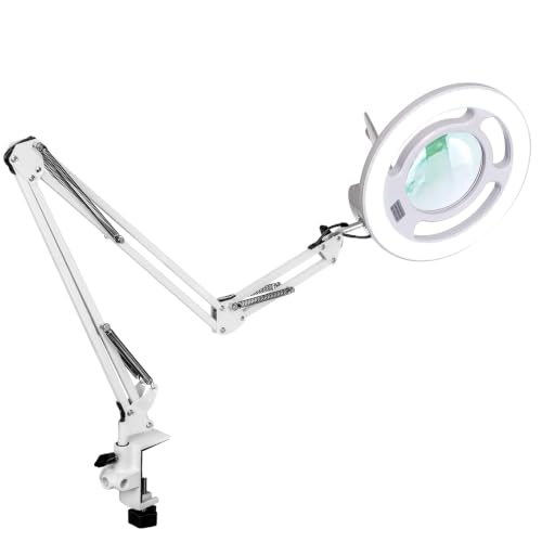 KIRKAS Magnifying Glass with Light, 2,200 Lumens Magnifying Lamp 12X | 35in Adjustable Long Arm Knob Stepless Dimmable LED Lighted Magnifier Real Glass Lens for Repair Craft Sewing Workbench - color: White 35in