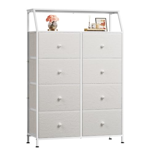WLIVE Cream Boucle 8-Drawer Fabric Dresser Storage Tower Bedroom | Boucle fabric 8-drawer dresser with open shelves, stylish nursery dresser for baby girl room kids bedroom closet storage - color: Cream White, style: Raised Shelves
