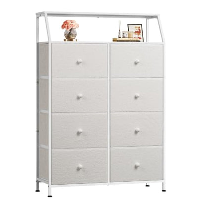 WLIVE Cream Boucle 8-Drawer Fabric Dresser Storage Tower Bedroom | Boucle fabric 8-drawer dresser with open shelves, stylish nursery dresser for baby girl room kids bedroom closet storage - color: Cream White, style: Raised Shelves