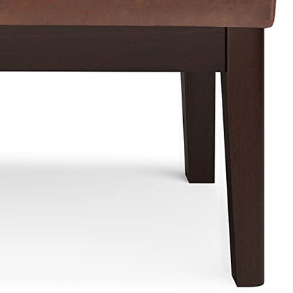 SIMPLIHOME Carlson 27" Wide Woven Fabric Rectangle Ottoman in Saddle Brown | Distressed saddle brown, mid-century modern ottoman with a padded seat for bedroom or living room; footstool or bench. - color: Distressed Saddle Brown, style: Small Ottoman Benc