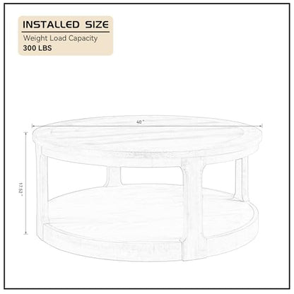 40" Round Coffee Table with Wheels, Circle 2 Tier Solid Wood Center Coffee Table, Mid Century Retro Farmhouse Rounded End Table for Living Room Apartment, ø40 x 17.52" H (Oak) - color: D-40" Oak