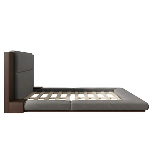 Velvet Upholstered Floor Platform Bed with Extended Wood Headboard & Bedside Shelves - No Box Spring Needed, Low Profile Bed Frame with Storage Space, Gray (King)