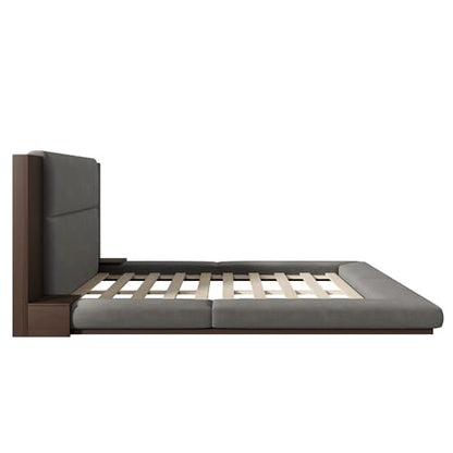 Velvet Upholstered Floor Platform Bed with Extended Wood Headboard & Bedside Shelves - No Box Spring Needed, Low Profile Bed Frame with Storage Space, Gray (King)