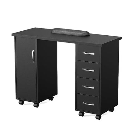 OmySalon OmySaon Manicure Table Nail Desk w/Cabinet, Drawers, Wheels & Wrist Rest, Spa Salon Beauty Home Wooden Technician Workstation Nail Art Equipment for Nail Tech, Black - color: Black