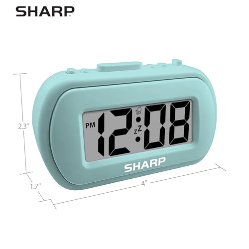 Sharp Battery Alarm Clock with Soft-Touch Case and Blue Backlight, Mint | Soft-touch rubberized case; Battery operated; Blue backlight on demand; Ascending alarm; Snooze; Easy to use - color: Mint