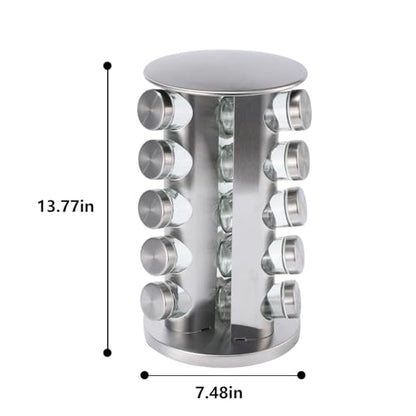 20-Jar Revolving Spice Rack, Stainless Steel Seasoning Organizer for Cabinet or Countertop, with Black Caps