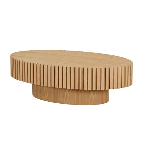 JUSTONE 43.31 Inch Oval Coffee Table, Farmhouse Wood Farmhouse Style with Handcrafted Relief & Circle Drum Design for Living Room & Apartments, 43.31x13.78 Inches (Oak) - color: 43.3'' Oval - Oak