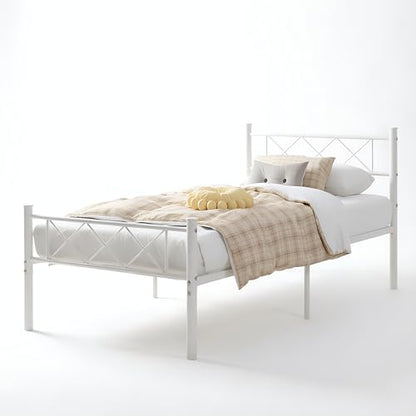 VECELO Twin Size Bed Frame with Headboard, Heavy Duty Bedframe with Strong Metal Slats, No Box Spring Needed & Easy Assembly, Pure White - color: Pure White, size: Twin