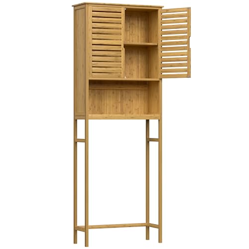 Yardenaler Over-The-Toilet Storage Shelf with Doors, Bathroom Freestanding Bamboo Organizer Space Saver with Adjustable Shelf, Natural - color: Natural