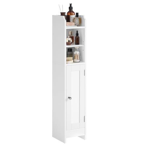 VASAGLE Small Storage Corner Floor Cabinet with Door, 7.9 x 7.1 x 36.2 Inches, Narrow Toilet Paper Storage Holder, Adjustable Shelves, for Bathroom, Living Room, Small Spaces, Cloud White UBBC311W01 - color: Cloud White, style: 1door+2open compartments (3