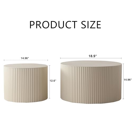 Nesting Coffee Table Set of 2, Round Wood Coffee Table and End Table Sets, Modern Double Luxury Modular Accent Center Tea Table for Living Room Bedroom, （Beige + Cream, 18.9" & 14.96" - color: 18.9" & 15"-beige