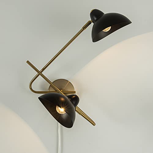 2-Light Plug in Wall Sconces, Black and Gold Swing Arms Wall Lamp for Living Room Bedroom Bedside Wall Light with Plug Cord - color: A