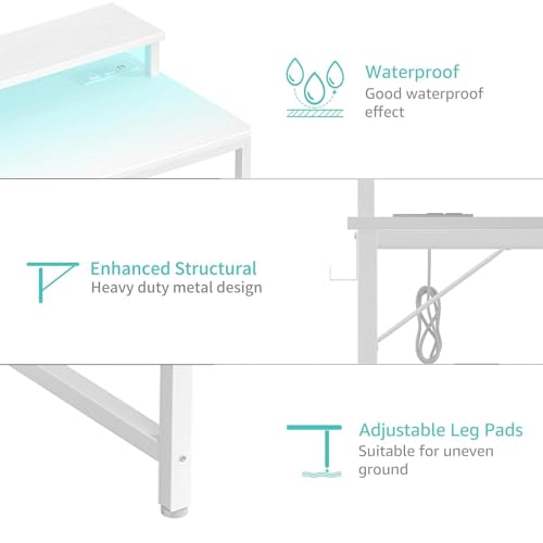 Lufeiya Small White Desk with LED Lights and Power Outlets, 32 Inch Home Office Computer Desks with Monitor Stand, Teen Writing Study Table Gaming Desk with Charging Station, White - color: White, size: 31.5"