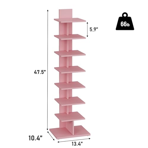 TUTOTAK Book Shelf, Narrow Spine Bookshelf, 8-Tier Bookcase for Small Space | 10.4 x 13.4 x 47.5 Inches Vertical Freestanding Corner Shelf for Living Room, Office, Study, Entryway, Pink BS06BP008 - color: Pink, size: 8 Tier