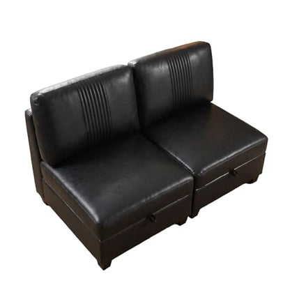Modern 2 Seaters Modular Sofa with Storage & Sleeper Function, Comfy PU Loveseat Couches for Small Spaces - color: Black