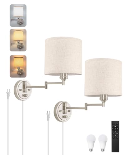 Plug in Wall Sconces with Remote Control, Dimming & Adjustable Colors 2700K-6500K, Hardwire or Plug-in, Swing Arm Wall Lamp with Linen Fabric Shade, Wall Sconces Set of Two, Brushed Nickel Finish - color: Brushed Nickel & Linen