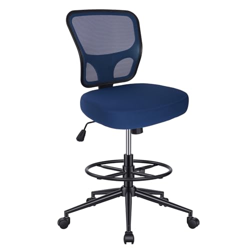 Armless Drafting Chair Tall Office Chair for Standing Desk - Adjustable Height Mesh Ergonomic Drafting Stool with Foot Ring & Wheels, Rolling Counter Height Computer Chair for Home Office - color: Deep Blue
