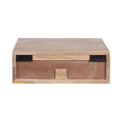 Kate and Laurel Mirza Transitional Carved Wood Floating Side Table, 18 x 12 x 6, Natural Wood, Mounted Solid Wood Wall Shelf with Drawer for Storage