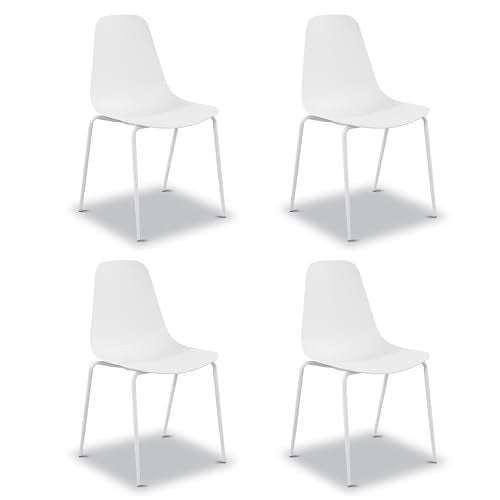 Poly & BARK Isla Stackable Dining Chairs Set of 4 – Mid Century Modern Plastic Dining Chair with Metal Legs – Kitchen & Dining Room Chairs – Dining Table Chairs Set – Indoor/Outdoor – White - color: White, style: Isla Stackable Set of 4