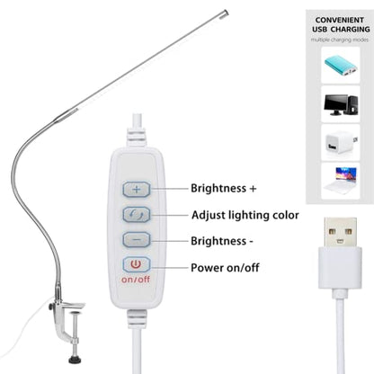 Desk Lamp with Clamp, 3 Modes 10 Brightness 360° Rotation Eye-Caring Reading Light,8W Long Flexible Gooseneck, Architect Task Lamp, USB Clamp Light for Home Office Manicure Reading - color: ‎Trichromatic Light