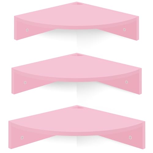 Corner Shelf Wall Mount, Set of 3 Corner Floating Shelves with Cable Hole, 3 Tier Wood Corner Hanging Shelves, Living Room Bedroom Bathroom, Pink - color: Pink