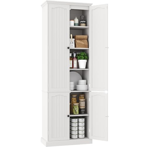 Function Home 182.9cm(72인치) 주방 식료품 저장실 캐비닛, 문과 조절 가능한 선반이 있는 높은 목재 보관 캐비닛, 주방 다이닝 룸 거실 욕실용 6단 독립형 찬장, 화이트 - color: 화이트., size: 24"Wx11.81"Dx72"H