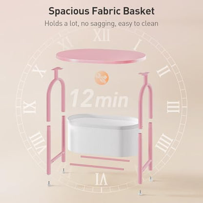 Small Round Side Table with Fabric Basket Storage, Oval End Table for Small Spaces, Modern Coffee Bedside Table, Couch Side Table for Living Room, 15.7" X 11.8" X 24", Pink and White 8601BZPK - color: Pink