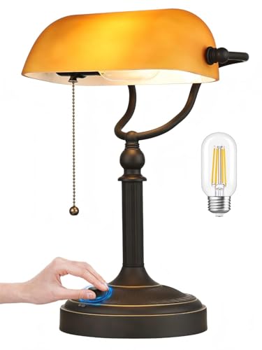 Matted Amber Stepless Dimmable Glass Bankers Desk Lamp | Table Lamp Plug in Fixture for Study Home office Library LED Bulb Included - color: Matted Amber