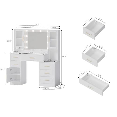 TOKSOM 51" Vanity Desk with Mirror and Lights & Charging Station, Bedroom Dressing Table, Large Vanity Set, 6 Drawers and 2 Cabinets, Makeup Vanity Table with Charging Station, Without Stool - size: 51 inch, style: Modern White