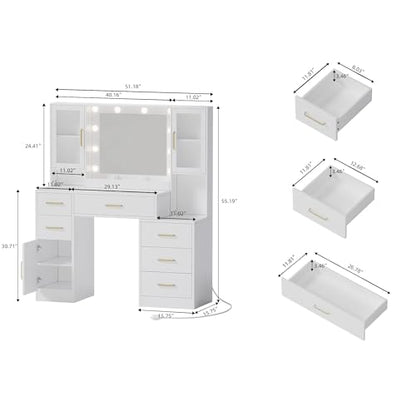TOKSOM 51" Vanity Desk with Mirror and Lights & Charging Station, Bedroom Dressing Table, Large Vanity Set, 6 Drawers and 2 Cabinets, Makeup Vanity Table with Charging Station, Without Stool - size: 51 inch, style: Modern White