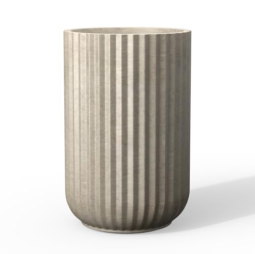 Kante Large Round Column Weathered Concrete Planter 21.7" Tall, Outdoor | Fluted, Rubber Plug for Indoor, Drainage for Garden, All-Weather Cement Flower Pot, Handcrafted, Anti-UV, Modern Home Decor - color: Weathered Concrete, size: 14"w x 21.7" h