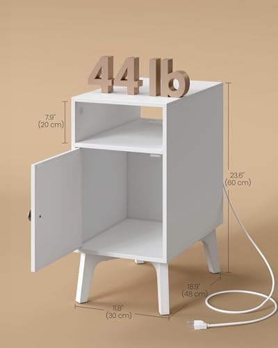 VASAGLE MAEZO Collection - End Table with Charging Station, Narrow Side Table, Nightstand with Tapered Legs, Curved Transitions, for Small Spaces, Bedroom, Cloud White ULET329W101S - color: Cloud White