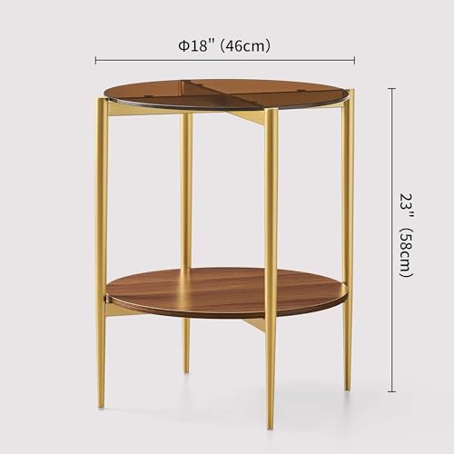 LumFurn D18in Round Glass End Table, Mid-Century Modern Design Side Table for Living Room, D18xH23inch, Amber Glass and Walnut MDF Wood, Conical Legs with Gold Finish Frame - color: D18" Amber & Walnut