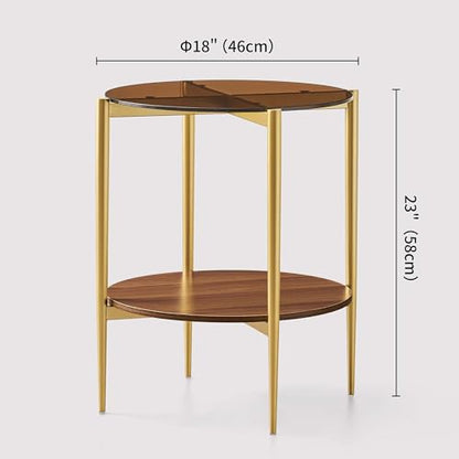 LumFurn D18in Round Glass End Table, Mid-Century Modern Design Side Table for Living Room, D18xH23inch, Amber Glass and Walnut MDF Wood, Conical Legs with Gold Finish Frame - color: D18" Amber & Walnut