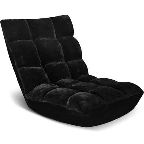 Floor Chair 14 Adjustable Positions w/Back Support, Padded Lazy Sofa w/Breathable Cotton & Skin-Friendly Coral Velve for Reading Meditating Gaming,Black - color: Black