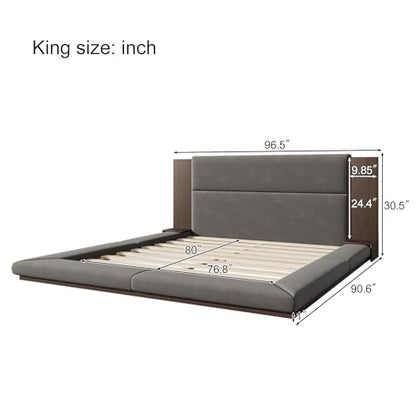 Velvet Upholstered Floor Platform Bed with Extended Wood Headboard & Bedside Shelves - No Box Spring Needed, Low Profile Bed Frame with Storage Space, Gray (King)