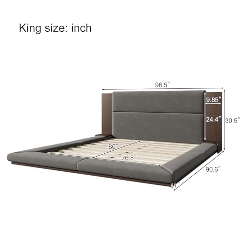 Velvet Upholstered Floor Platform Bed with Extended Wood Headboard & Bedside Shelves - No Box Spring Needed, Low Profile Bed Frame with Storage Space, Gray (King)