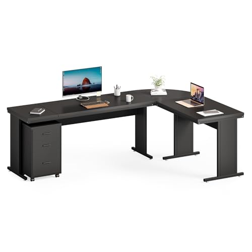 LITTLE TREE 82.67" Long Executive Desk Large L-Shaped Computer Office Desk with 3-Drawer Mobile File Cabinet, Industrial Business Furniture Desk Workstation for Home Office, Black - color: Black