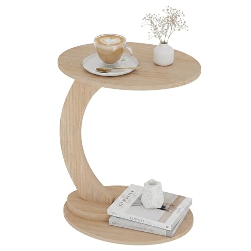 End Table,C Shaped Side Table,CouchTable that Slide Under, Wood Round Table for Couch,Small Sofa Table with Metal Frame for Bedroom,Living Room,Night Stand, Bedside Table for Small Space(Oak) - color: Oak