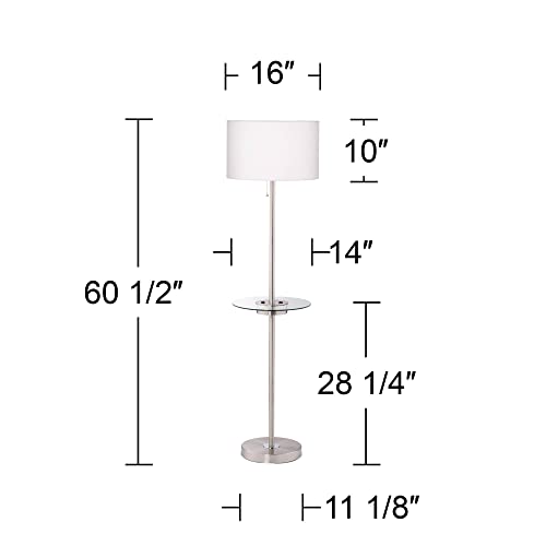 360 Lighting Caper 60 1/2" Tall Nickel Tray Table USB and Outlet Floor Lamp | Modern with AC Power on Glass 5 Satin White Fabric Drum Shade for Living Room Reading House Bedroom - color: Nickel - Single