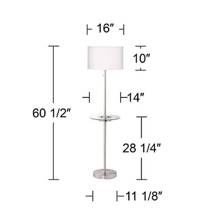 360 Lighting Caper 60 1/2" Tall Nickel Tray Table USB and Outlet Floor Lamp | Modern with AC Power on Glass 5 Satin White Fabric Drum Shade for Living Room Reading House Bedroom - color: Nickel - Single