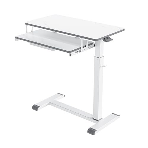 ETHU Overbed Table with Wheels, Medical Table with Drawer, Hospital Bed Table, Workstation Desk, Adjustable Overbed Bedside Rolling Laptop Desk, Marble White | Mobile Table Tray for Sofa Side, Hospital Bed Workstation Table for Home and Office Laptop Use,
