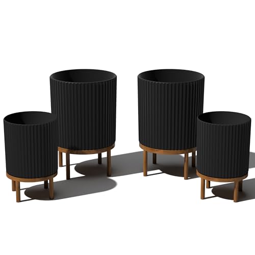 Veradek Demi Series Raised Duo Planters - Set of 2 Planters with Stands | Made From a Durable Plastic-Stone Composite & Comes With Wooden Stand. Modern Porch/Patio Décor - color: Black/Brown, size: Bundle - 2 Pack