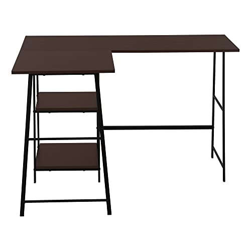Computer Desk L-Shaped Corner Desk 48" 3-Tier Writing Desk with Storage Shelves, Espresso Laminate Top, Black Metal Sawhorse Legs, Space-Saving Home Office Laptop Workstation