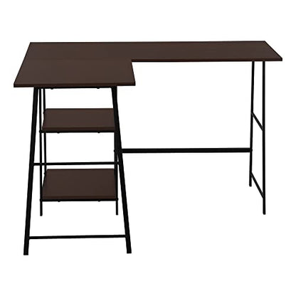 Computer Desk L-Shaped Corner Desk 48" 3-Tier Writing Desk with Storage Shelves, Espresso Laminate Top, Black Metal Sawhorse Legs, Space-Saving Home Office Laptop Workstation