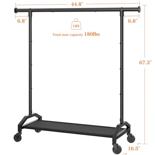 Wiracks Clothes Rack Clothing Racks for Hanging Clothes Heavy Duty Clothes Rack Hanger Rack 200lbs Capacity Industrial Wheels 1" Pipe,Rolling Garment Rack Portable Clothes Rack Black