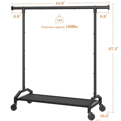 Wiracks Clothes Rack Clothing Racks for Hanging Clothes Heavy Duty Clothes Rack Hanger Rack 200lbs Capacity Industrial Wheels 1" Pipe,Rolling Garment Rack Portable Clothes Rack Black