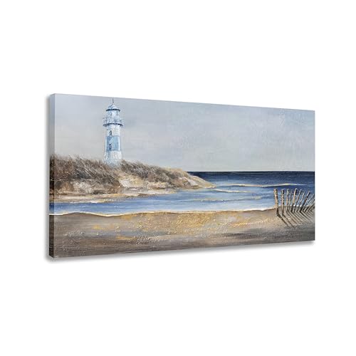Yuaxker Ocean Wall Art Blue and Gold Modern Wall Decor Ocean Beach and Beacon Landscape Canvas Painting Artwork for Living Room Bedroom Bathroom Office 24x48 inch - color: ocean blue and gold, size: 24"x48"