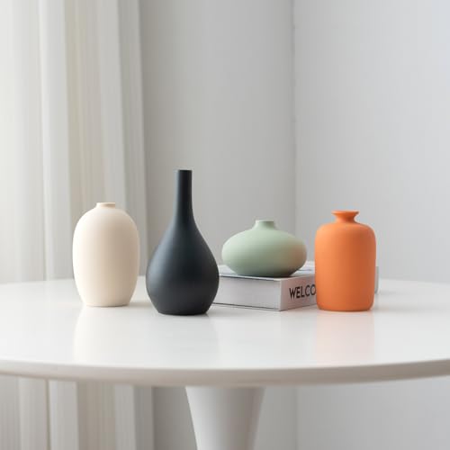 Set of 4 Small Matte Ceramic Vases - Modern & Bohemian Decor for Home, Office, Shelve, Living Room Table, Mantel, Bedroom, Entryway, Rustic Farmhouse Decorative Vases & More（Hademade - size: Vase Set 4 S1
